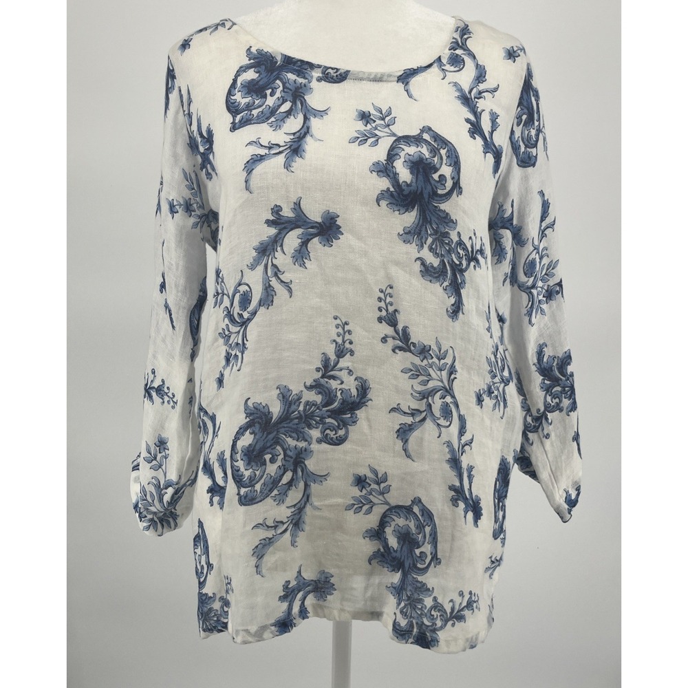 L'Ago Italian 100% Linen Top Sz M White Floral 3/4 Sleeve Sheer Elegant Beach